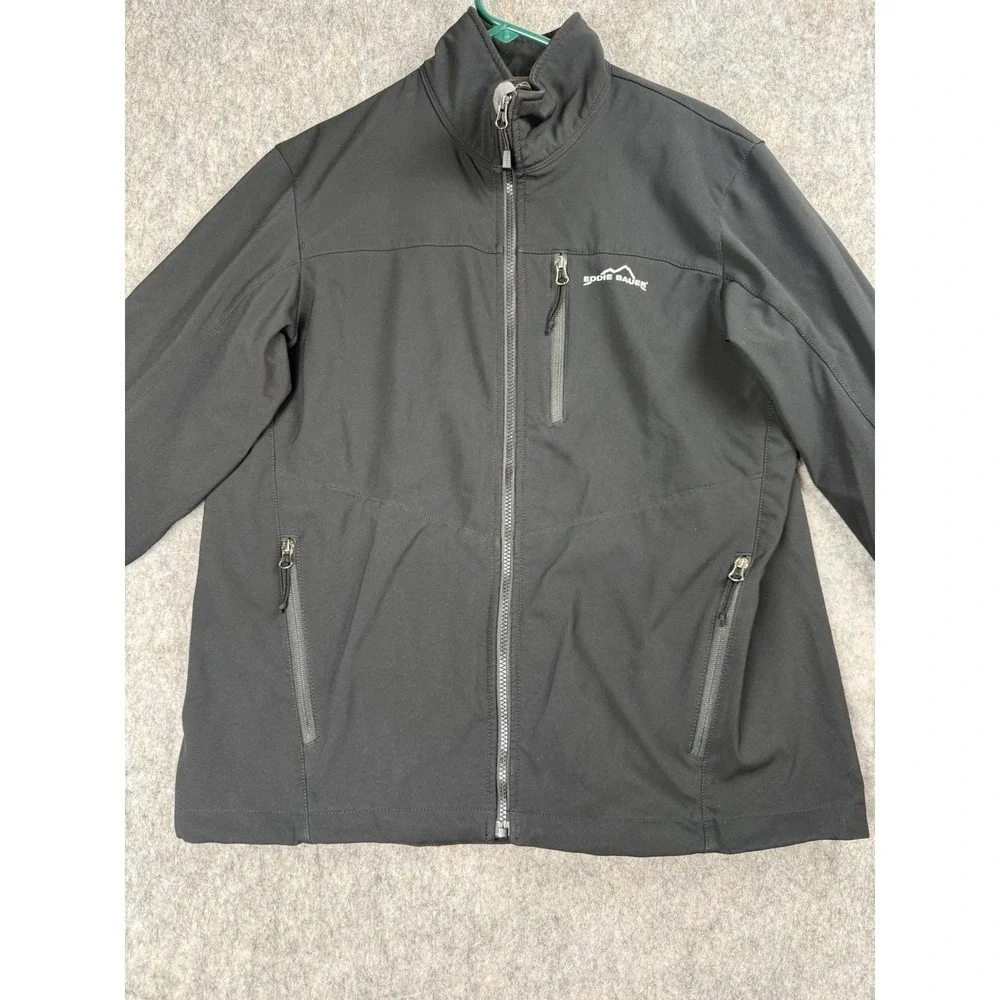 Eddie Bauer Men's Black Softshell Jacket L,‎ Full Zip, Stand-Up Collar, Logo
